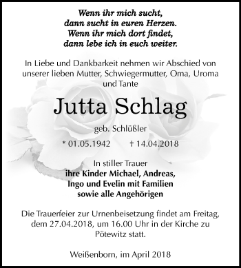 Traueranzeige von Jutta Schlag von Mitteldeutsche Zeitung Zeitz