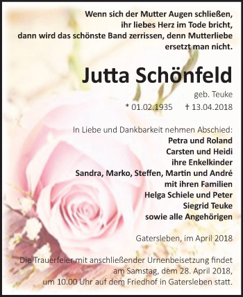 Traueranzeige von Jutta Schönfeld von Mitteldeutsche Zeitung Aschersleben