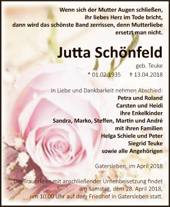 Traueranzeige von Jutta Schönfeld von Super Sonntag Aschersleben