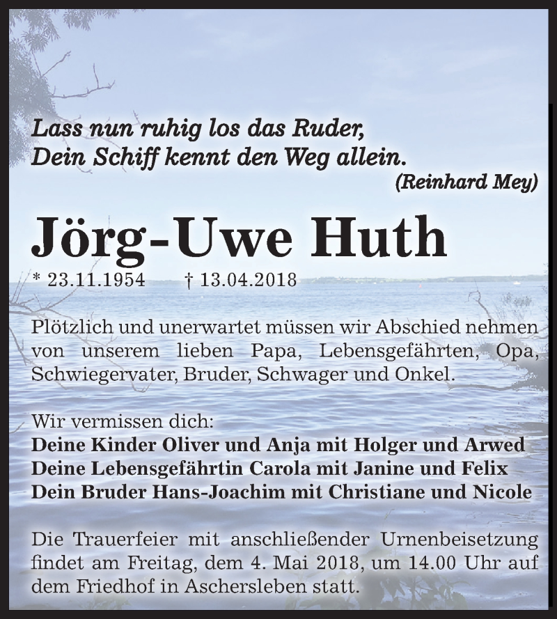  Traueranzeige für Jörg-Uwe Huth vom 21.04.2018 aus Mitteldeutsche Zeitung Aschersleben