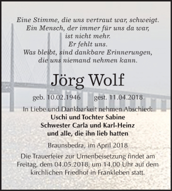 Traueranzeige von Jörg Wolf von Mitteldeutsche Zeitung Weißenfels