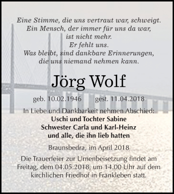 Traueranzeige von Jörg Wolf von WVG - Wochenspiegel Merseburg