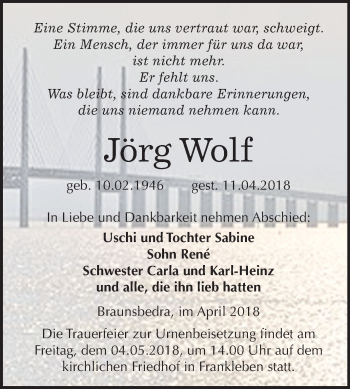 Traueranzeige von Jörg Wolf von Mitteldeutsche Zeitung Weißenfels