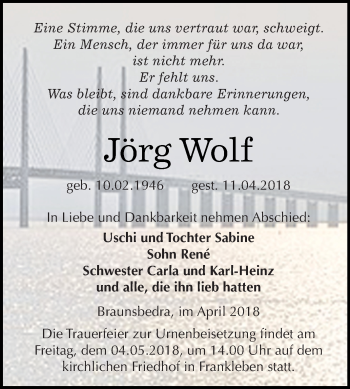 Traueranzeige von Jörg Wolf von WVG - Wochenspiegel Merseburg