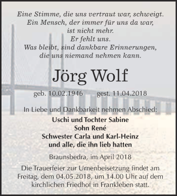 Traueranzeige von Jörg Wolf von WVG - Wochenspiegel Merseburg