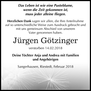 Traueranzeige von Jürgen Götzinger von Mitteldeutsche Zeitung Sangerhausen