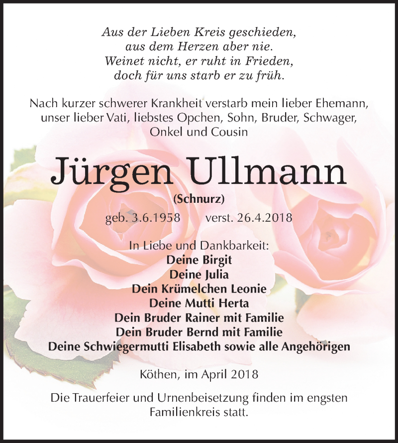  Traueranzeige für Jürgen Ullmann vom 28.04.2018 aus Mitteldeutsche Zeitung