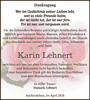 Traueranzeige von Karin Lehnert von Super Sonntag Aschersleben