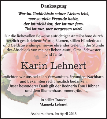 Traueranzeige von Karin Lehnert von Mitteldeutsche Zeitung Aschersleben