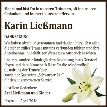 Traueranzeige von Karin Ließmann von Super Sonntag Aschersleben