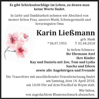 Traueranzeige von Karin Ließmann von Super Sonntag Aschersleben