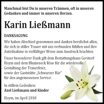 Traueranzeige von Karin Ließmann von Mitteldeutsche Zeitung Aschersleben