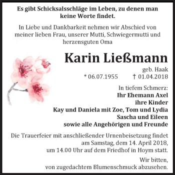 Traueranzeige von Karin Ließmann von Mitteldeutsche Zeitung Aschersleben