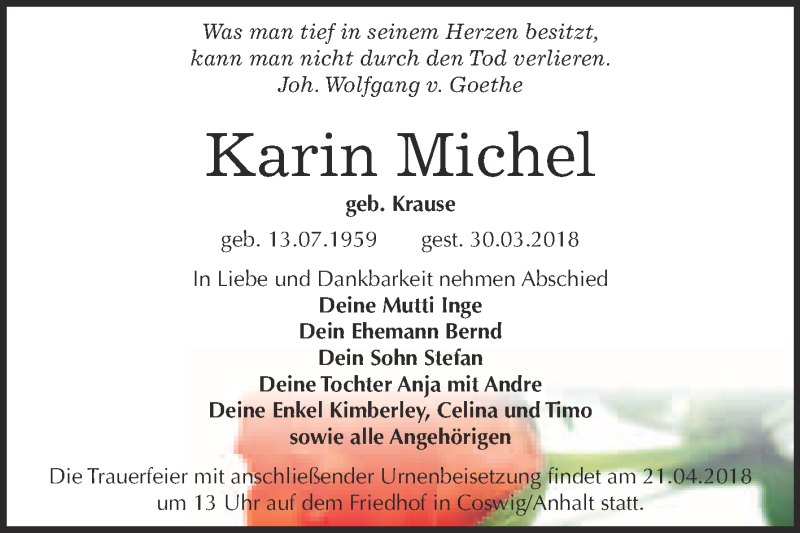  Traueranzeige für Karin Michel vom 07.04.2018 aus Super Sonntag Wittenberg