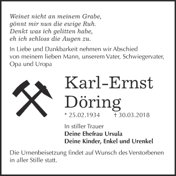 Traueranzeige von Karl-Ernst Döring von WVG - Wochenspiegel Bitterfeld