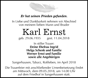 Traueranzeige von Karl Ernst von Mitteldeutsche Zeitung Sangerhausen