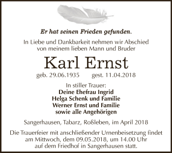 Traueranzeige von Karl Ernst von Super Sonntag SGH Mansf. Land