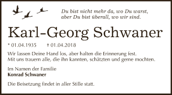 Traueranzeige von Karl-Georg Schwaner von WVG - Wochenspiegel Dessau / Köthen