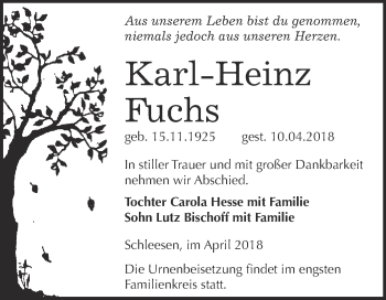 Traueranzeige von Karl-Heinz Fuchs von Super Sonntag Wittenberg