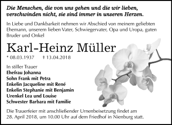 Traueranzeige von Karl-Heinz Müller von Mitteldeutsche Zeitung Bernburg