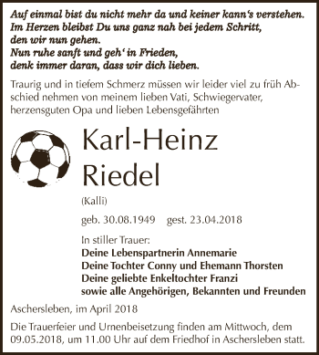 Traueranzeige von Karl-Heinz Riedel von Super Sonntag Aschersleben