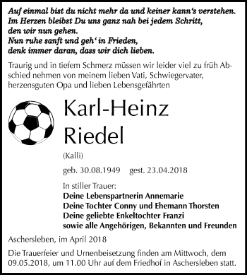 Traueranzeige von Karl-Heinz Riedel von Mitteldeutsche Zeitung Aschersleben