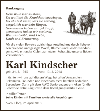 Traueranzeige von Karl Kindscher von WVG - Wochenspiegel Dessau / Köthen
