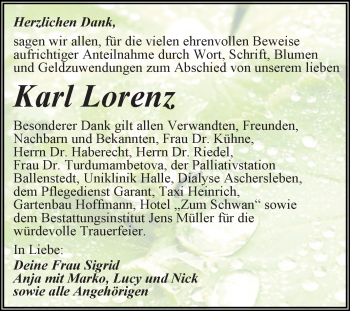 Traueranzeige von Karl Lorenz von Mitteldeutsche Zeitung Aschersleben