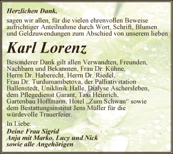 Traueranzeige von Karl Lorenz von Super Sonntag Aschersleben