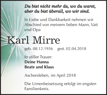 Traueranzeige von Karl Mirre von Mitteldeutsche Zeitung Aschersleben
