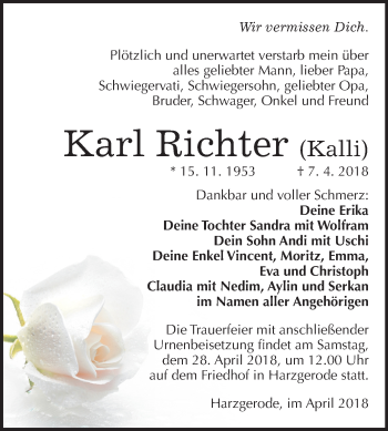 Traueranzeige von Karl Richter von Mitteldeutsche Zeitung Quedlinburg