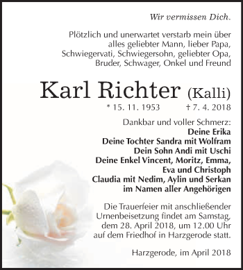 Traueranzeige von Karl Richter von WVG - Wochenspiegel Quedlinburg