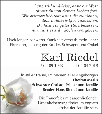 Traueranzeige von Karl Riedel von Super Sonntag Bernburg