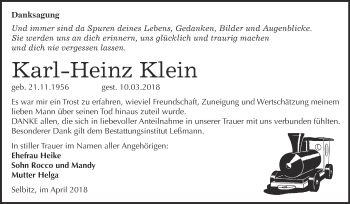 Traueranzeige von Karl Heinz Klein von WVG - Wochenspiegel Wittenberg
