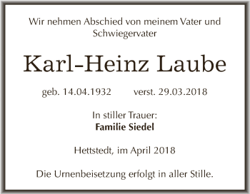 Traueranzeige von Karl Heinz Laube von Super Sonntag SGH Mansf. Land
