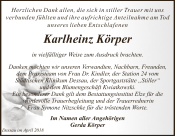 Traueranzeige von Karlheinz Körper von WVG - Wochenspiegel Dessau / Köthen