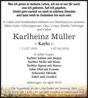 Traueranzeige von Karlheinz Müller von Super Sonntag Aschersleben
