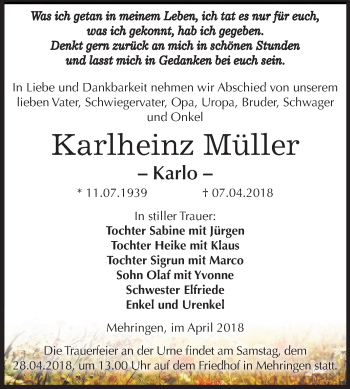 Traueranzeige von Karlheinz Müller von Mitteldeutsche Zeitung Aschersleben