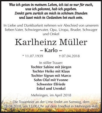 Traueranzeige von Karlheinz Müller von Mitteldeutsche Zeitung Aschersleben