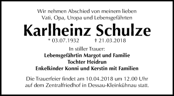 Traueranzeige von Karlheinz Schulze von Mitteldeutsche Zeitung Dessau-Roßlau