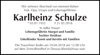 Traueranzeige von Karlheinz Schulze von WVG - Wochenspiegel Dessau / Köthen