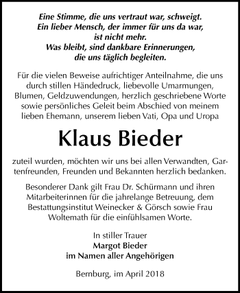 Traueranzeige von Klaus Bieder von Mitteldeutsche Zeitung Bernburg