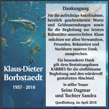 Traueranzeige von Klaus-Dieter Borbstaedt von WVG - Wochenspiegel Quedlinburg
