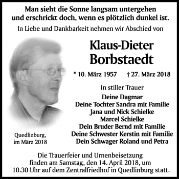 Traueranzeige von Klaus-Dieter Borbstaedt von Mitteldeutsche Zeitung Quedlinburg