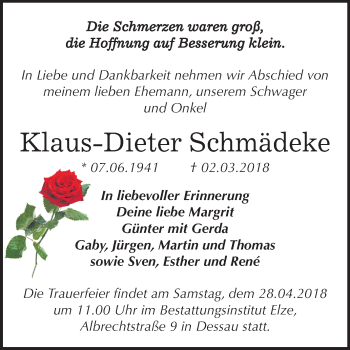 Traueranzeige von Klaus-Dieter Schmädeke von Mitteldeutsche Zeitung Dessau-Roßlau