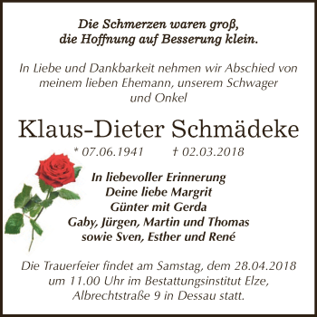 Traueranzeige von Klaus-Dieter Schmädeke von WVG - Wochenspiegel Dessau / Köthen