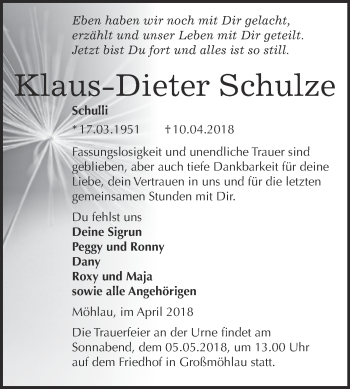 Traueranzeige von Klaus-Dieter Schulze von WVG - Wochenspiegel Wittenberg