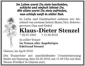 Traueranzeige von Klaus-Dieter Stenzel von Mitteldeutsche Zeitung Bernburg