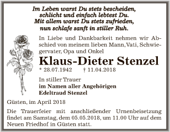 Traueranzeige von Klaus-Dieter Stenzel von Super Sonntag Bernburg