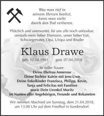 Traueranzeige von Klaus Drawe von WVG - Wochenspiegel Bitterfeld